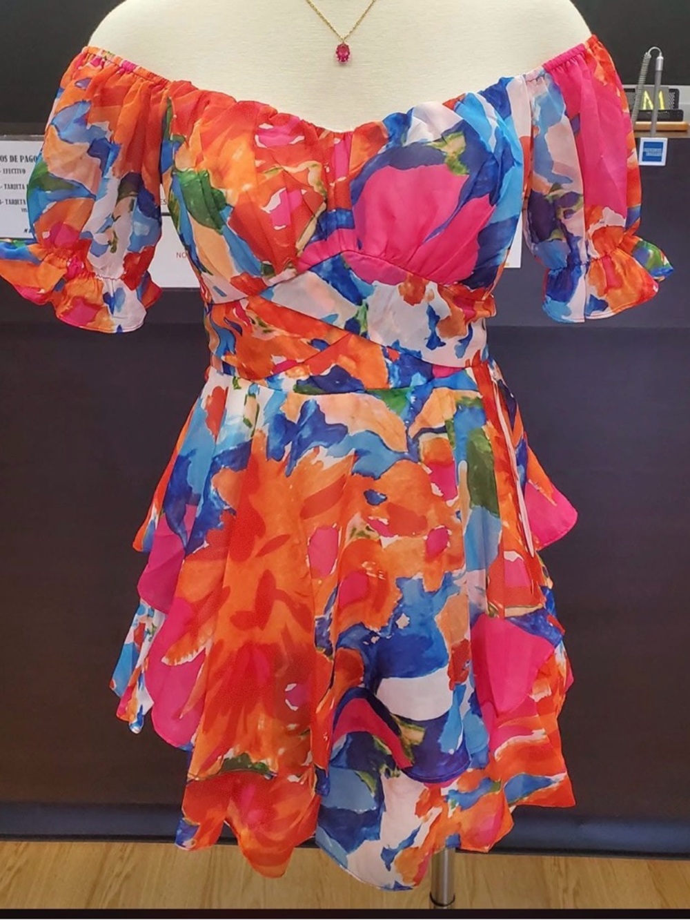 Luxxel Multicolor Off-Shoulder Mini Dress with Bold Floral Print